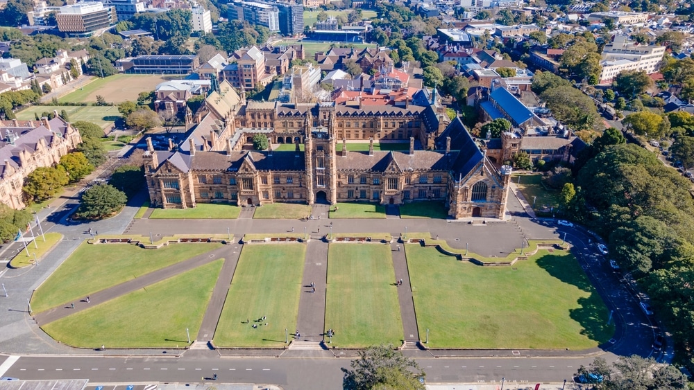 Aerial drone view of the University of Sydney in Camperdown