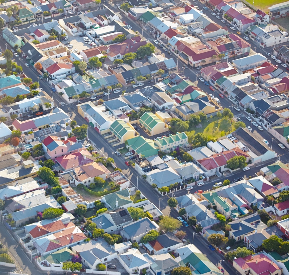 Aerial view, city and residential suburb