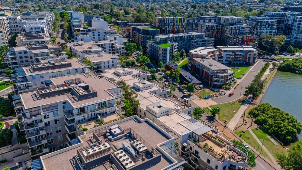 Drone Aerial view above Rhodes with views to Meadowbank