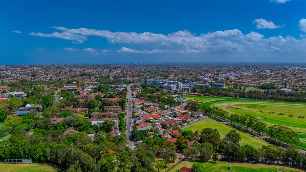 Panorama aerial drone view of Inner Sydney Suburbs Ashfield