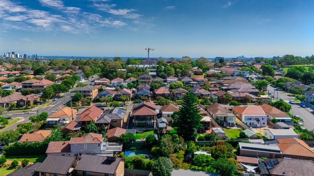Drone view of suburban houses in Sydney