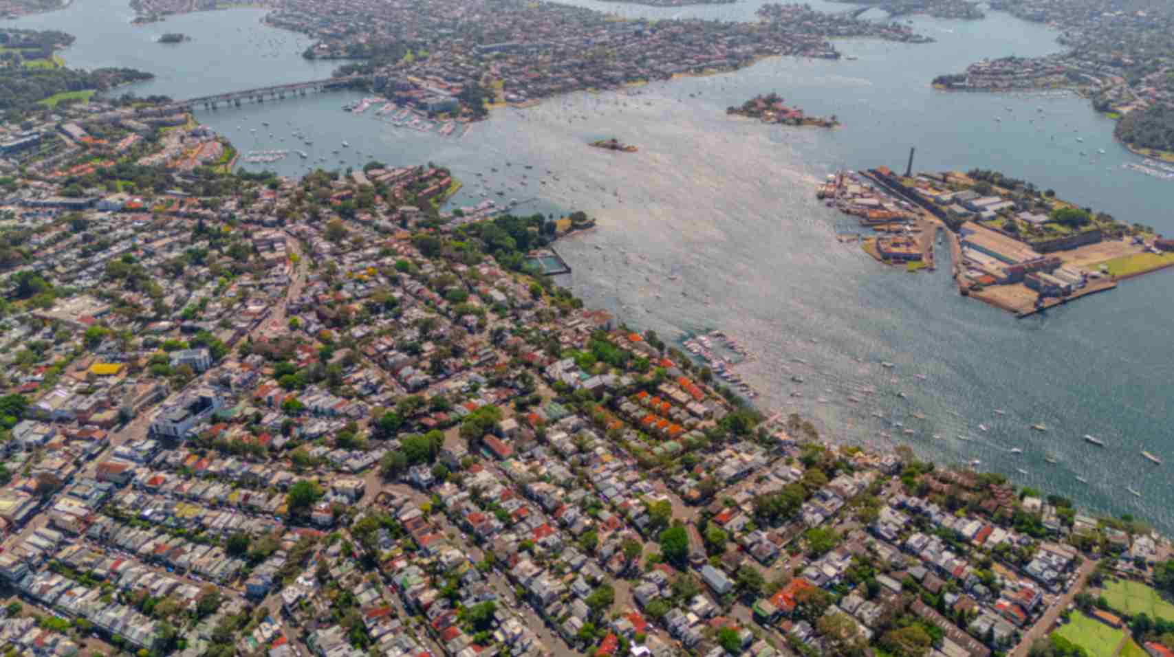Aerial view of coastal suburban area