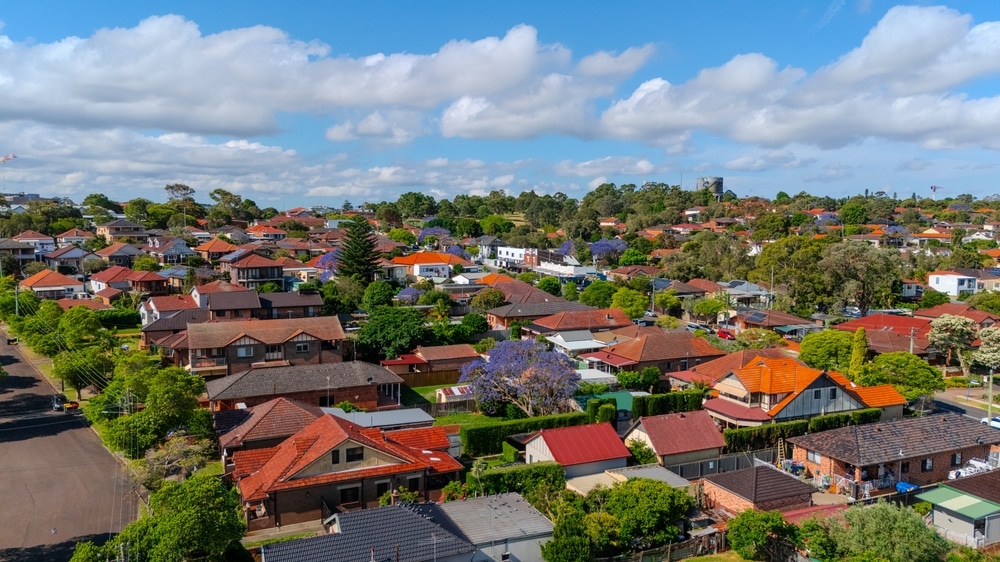 Panorama aerial drone view of western Sydney Suburbs of Canterbury Burwood Ashfield Marrickville